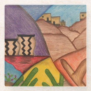 Southwest Desert Cactus Colourful Folk Art Glass Coaster