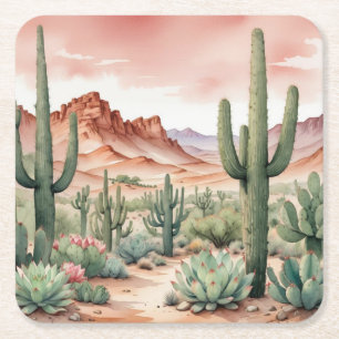 Southwest Desert Cactus Scene Square Paper Coaster