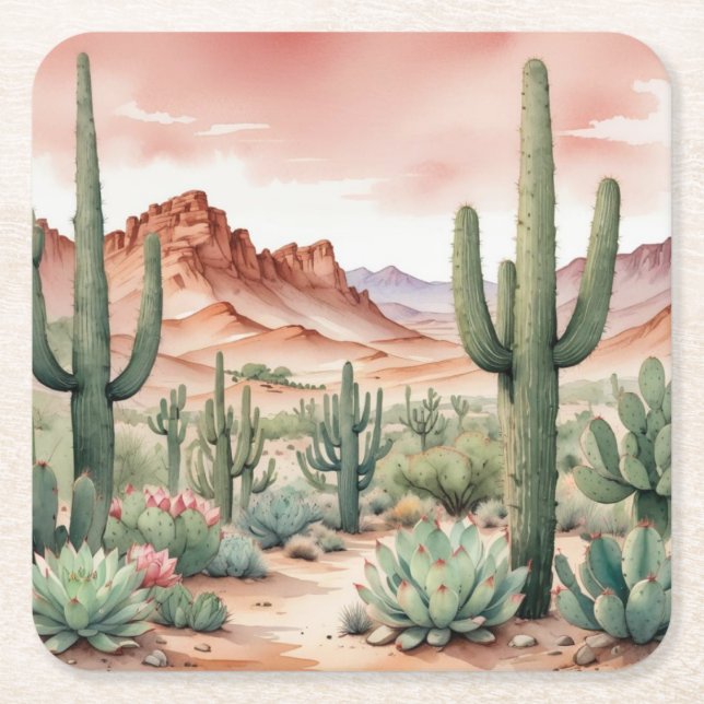 Southwest Desert Cactus Scene  Square Paper Coaster (Front)