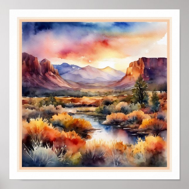 Southwest Desert Watercolor Colourful Landscape Poster (Front)