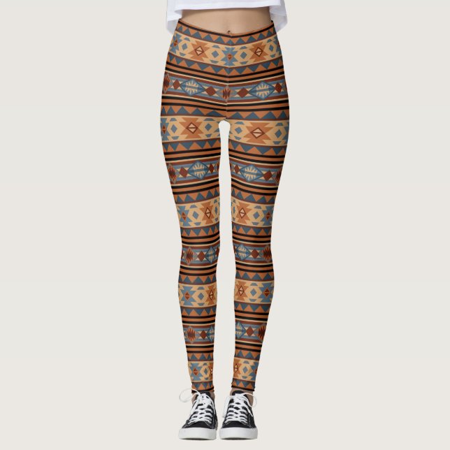 Southwest Design Adobe Gray Brown Tribal Pattern Leggings (Front)