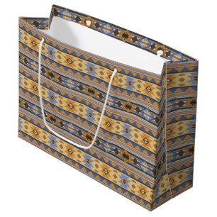 Southwest Design Gold Blue Grey Tribal Pattern Large Gift Bag