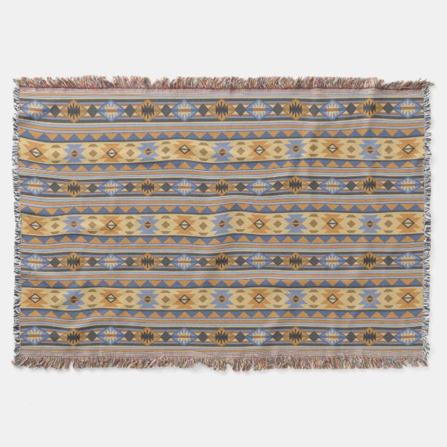 Southwest Design Gold Blue Grey Tribal Pattern Throw Blanket (Front)