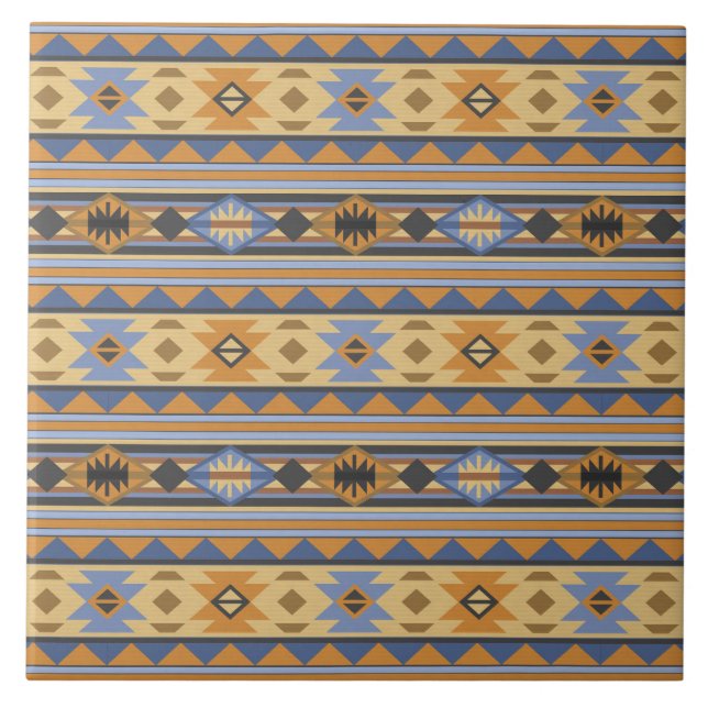 Southwest Design Gold Blue Grey Tribal Pattern Tile (Front)