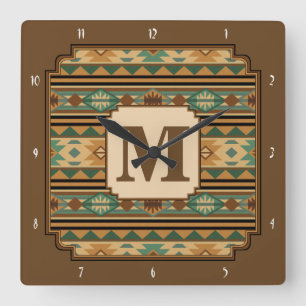 Southwest Design Green Brown Personalized Square Wall Clock