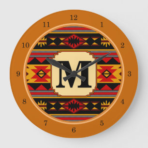 Southwest Design Red Black Gold Monogram Large Clock