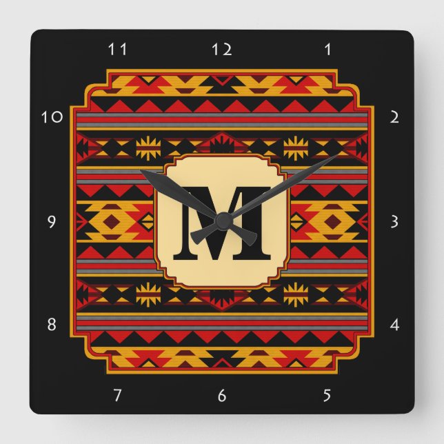 Southwest Design Red Black Gold Monogram Square Wall Clock (Front)