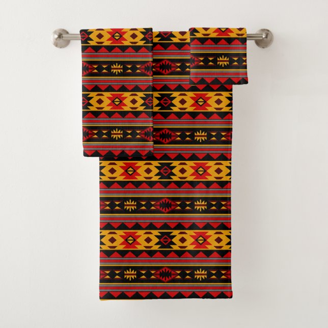 Southwest Design Red Black Gold Tribal Pattern Bath Towel Set (Insitu)