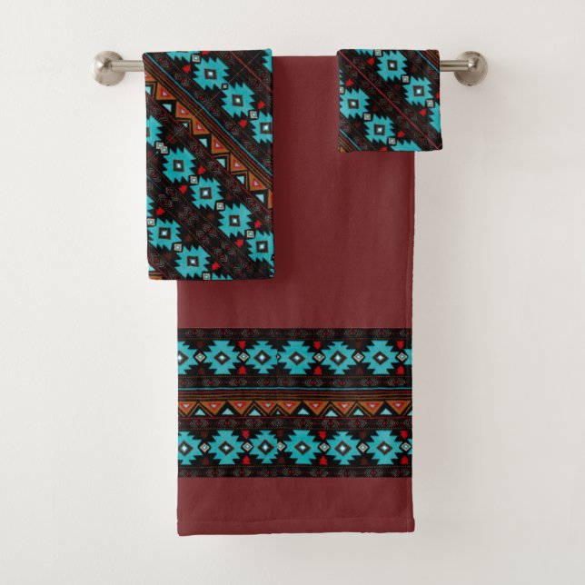 Southwest Design Turquoise, Browns, Reds on a Bath Towel Set (Insitu)