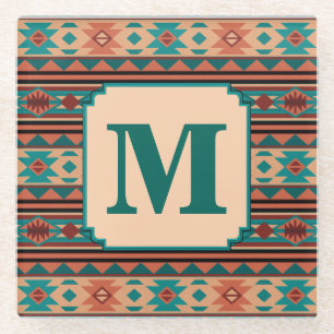 Southwest Design Turquoise Terracotta Monogram Glass Coaster