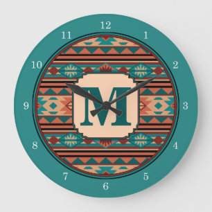 Southwest Design Turquoise Terracotta Monogram Large Clock