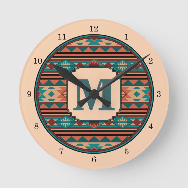 Southwest Design Turquoise Terracotta Monogram Round Clock (Front)