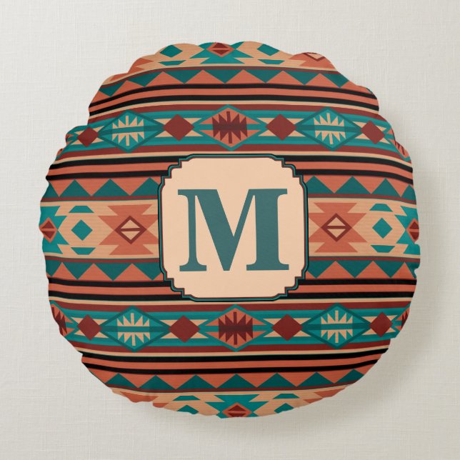 Southwest Design Turquoise Terracotta Monogram Round Pillow (Front)