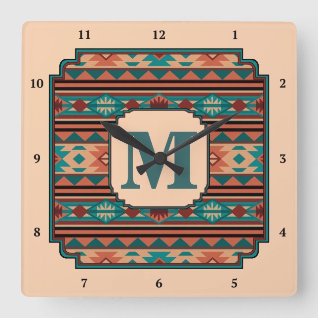 Southwest Design Turquoise Terracotta Monogram Square Wall Clock (Front)