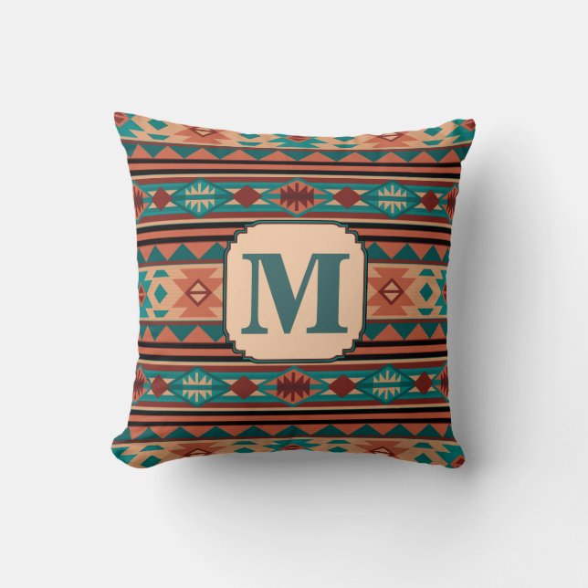 Southwest Design Turquoise Terracotta Monogram Throw Pillow (Front)