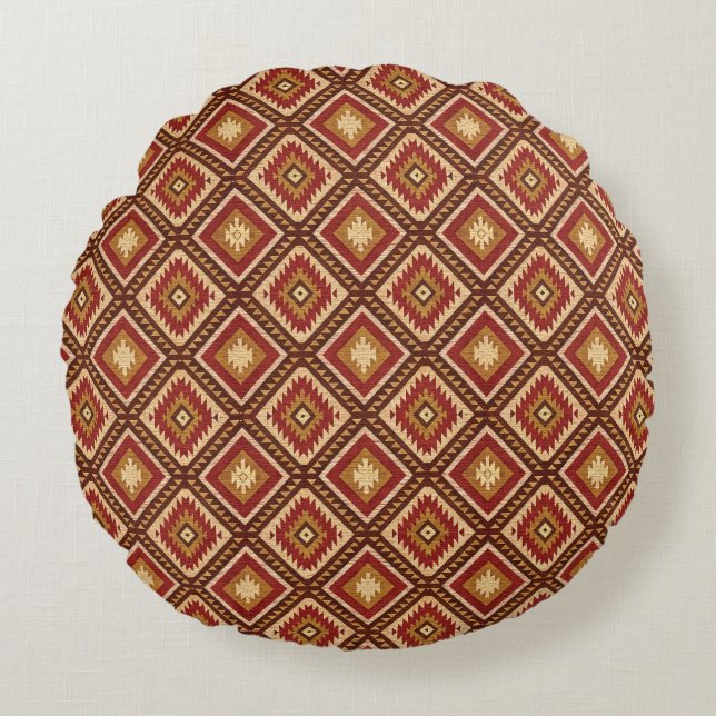 Southwest Diamond Rust Red & Beige Navajo Style Round Pillow (Front)