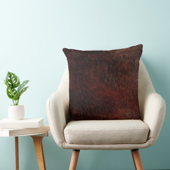 Southwest Faux Brown Leather Cowhide Floral Throw Pillow (Chair)