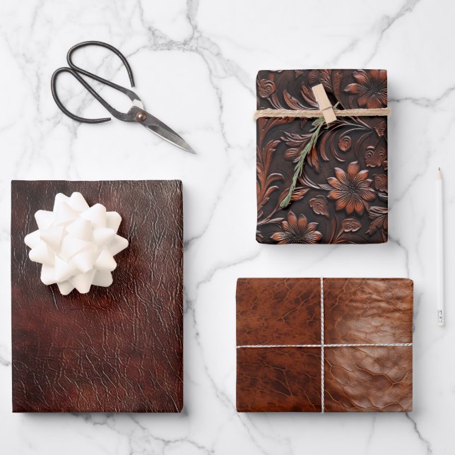 Southwest Faux Brown Leather Cowhide Floral Wrapping Paper Sheet (Front)