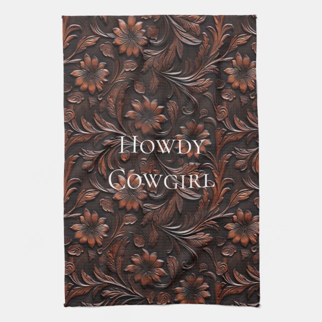 Southwest Faux Brown Leather Cowhide Flowers Kitchen Towel (Vertical)