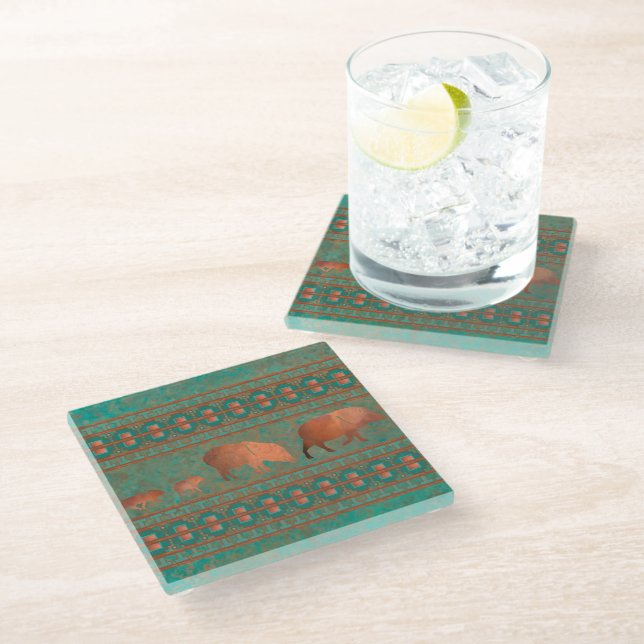 Southwest Fun Javelina Family Copper Teal Glass Coaster (Angled)