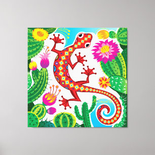 Southwest Gecko with Cactus Blossoms Canvas Print