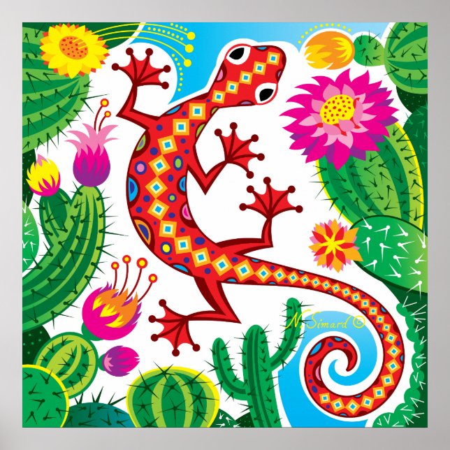 Southwest Gecko with Cactus Blossoms Poster (Front)