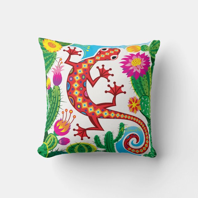 Southwest Gecko with Cactus Blossoms Throw Pillow (Front)