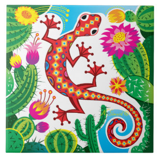 Southwest Gecko with Cactus Blossoms Tile