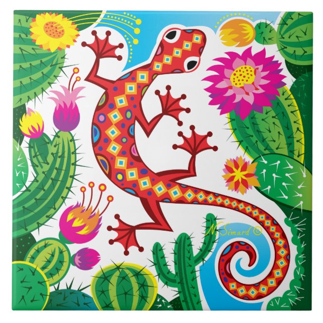 Southwest Gecko with Cactus Blossoms Tile (Front)