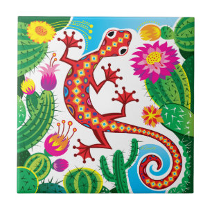 Southwest Gecko with Cactus Blossoms Tile