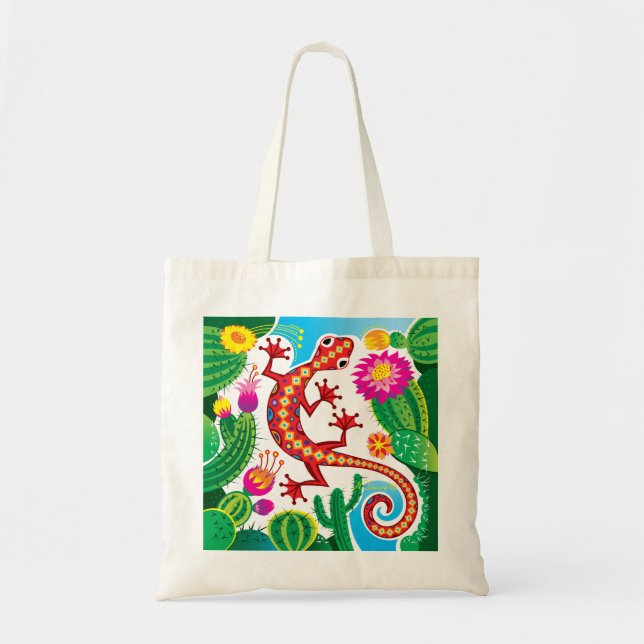 Southwest Gecko with Cactus Blossoms Tote Bag (Front)