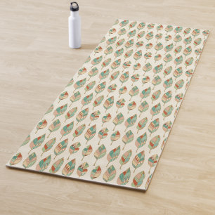 Southwest Geo Step Coral & Green Feathers Yoga Mat