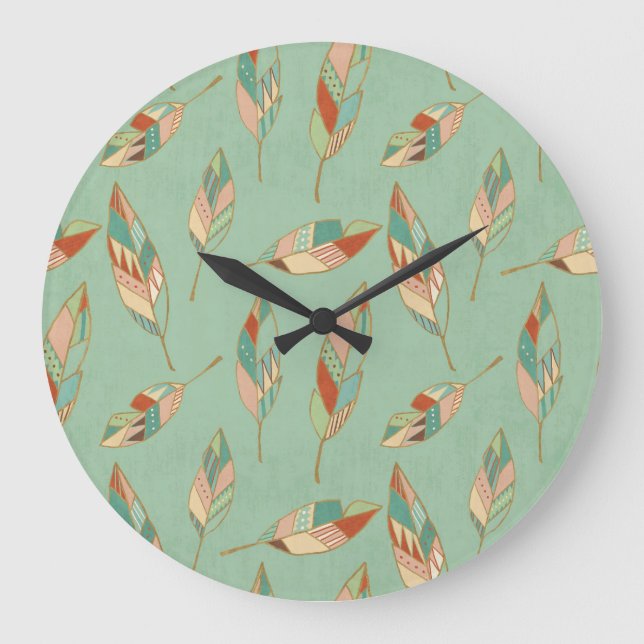 Southwest Geo Step | Green Feather Pattern Large Clock (Front)