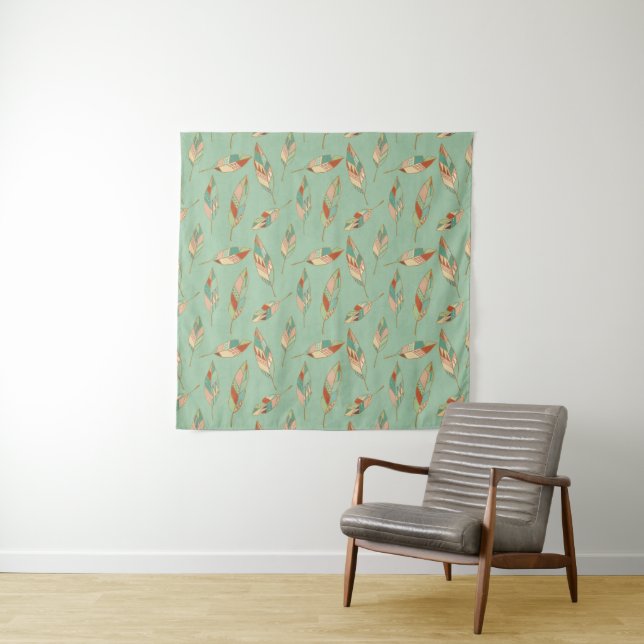 Southwest Geo Step | Green Feather Pattern Tapestry (In Situ (Horizontal))