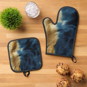 Southwest Gold Blue Cowhide Oven Mitt & Pot Holder Set