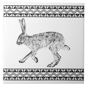 Southwest Jackrabbit Black & White Geometric Print Tile