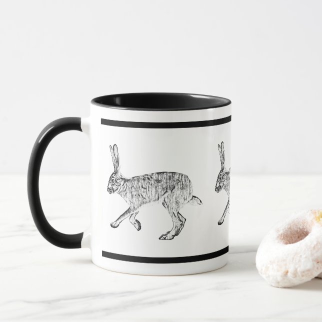 Southwest Jackrabbit Design Black and White Mug (With Donut)