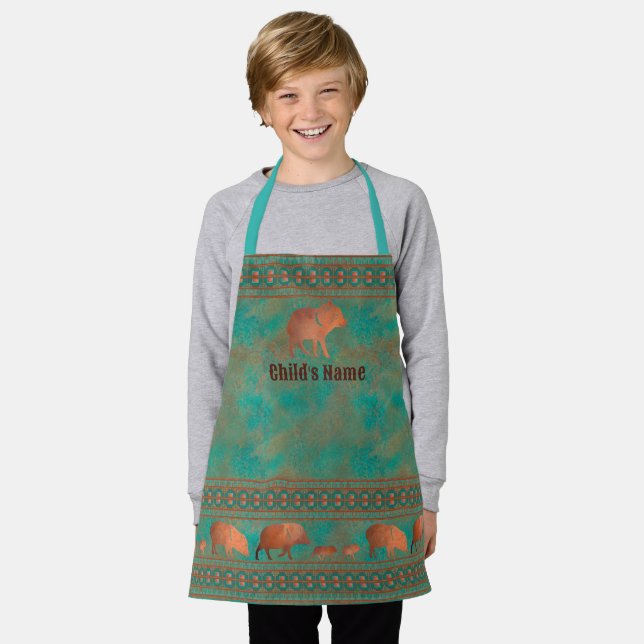Southwest Javelina Childs Personalized Copper Teal Apron (Worn)