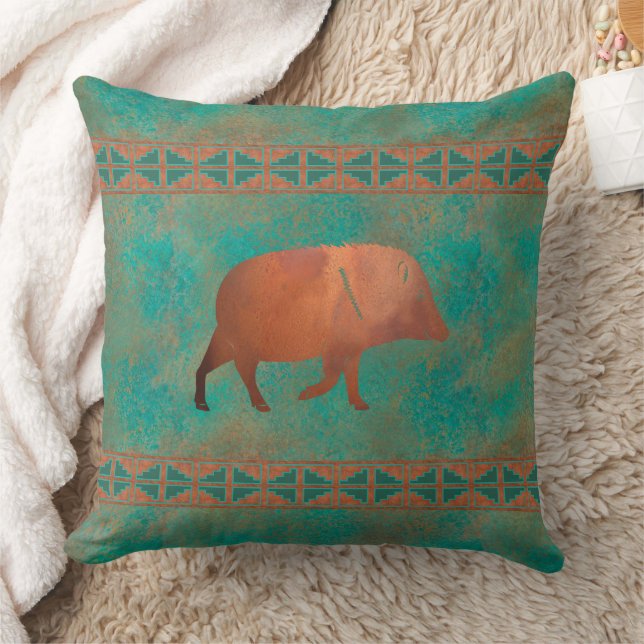 Southwest Javelina Daddy Copper Teal Pattern 20in Throw Pillow (Blanket)