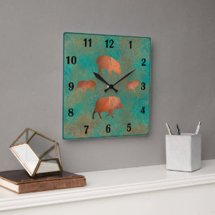 Southwest Javelina Family Teal Regular Numbers Square Wall Clock