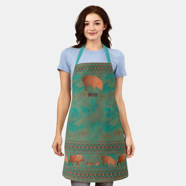 Southwest Javelina Mom Personalized Copper Teal Apron (Worn)