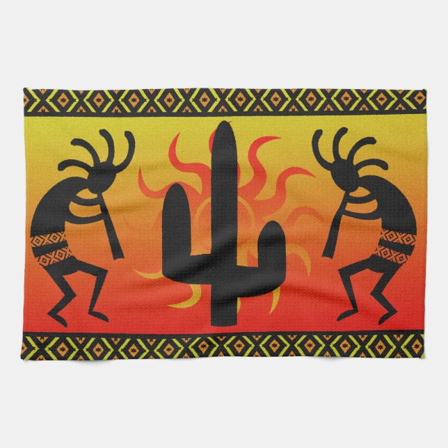 Southwest Kokopelli Cactus Tribal Design Kitchen Towel (Horizontal)