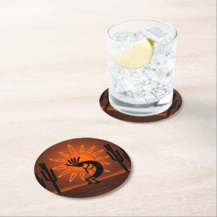 Southwest Kokopelli Desert Sunset Brown Round Paper Coaster