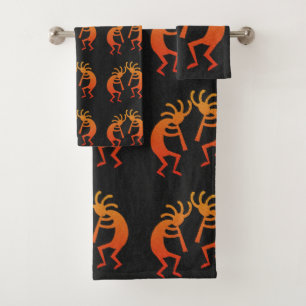 Southwest Kokopelli Pattern Orange And Black Bath Towel Set