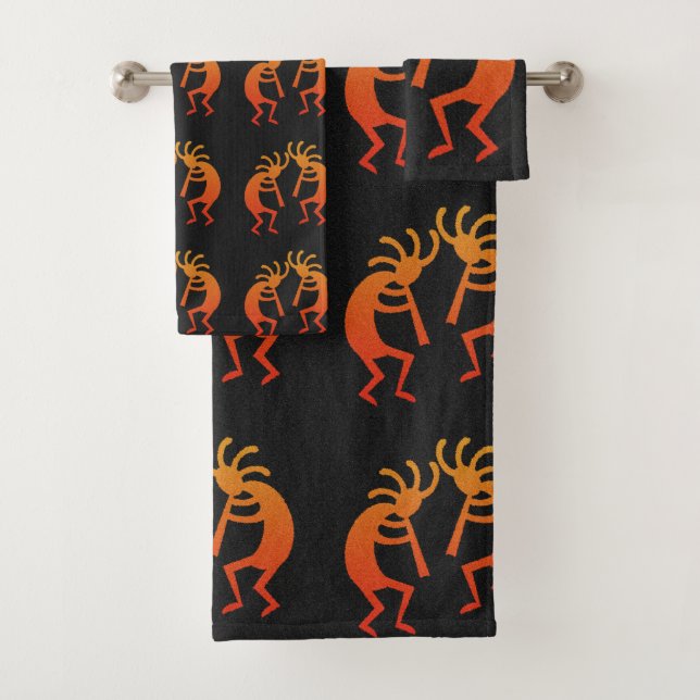 Southwest Kokopelli Pattern Orange And Black Bath Towel Set (Insitu)