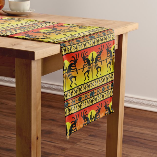 Southwest Kokopelli Pattern Yellow And Red Short Table Runner (In Situ)