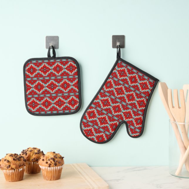 Southwest Mesas Red and Turquoise Geometric Design Oven Mitt & Pot Holder Set (Insitu(Hanging))