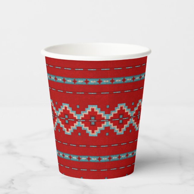 Southwest Mesas Red and Turquoise Geometric Design Paper Cups (Front)