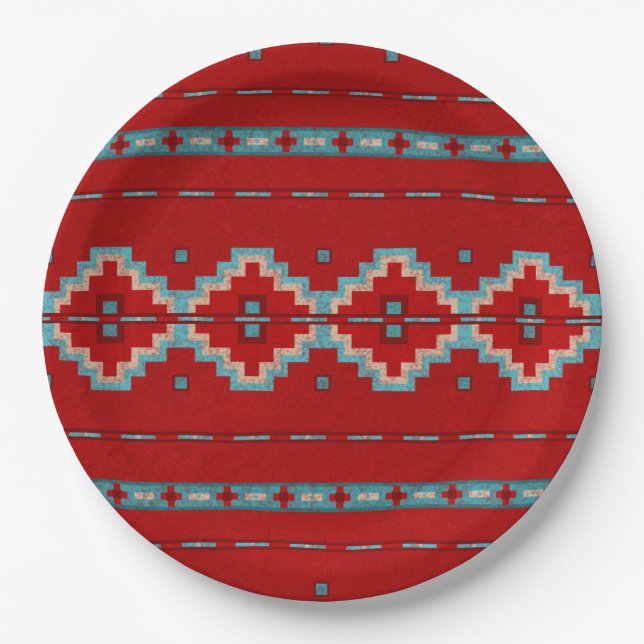 Southwest Mesas Red and Turquoise Geometric Design Paper Plate (Front)