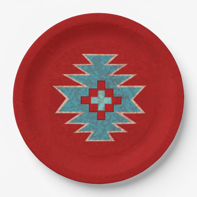 Southwest Mesas Red & Turquoise Geometric Design Paper Plate (Front)